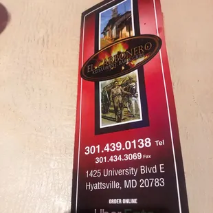 Menu with phone number and address.