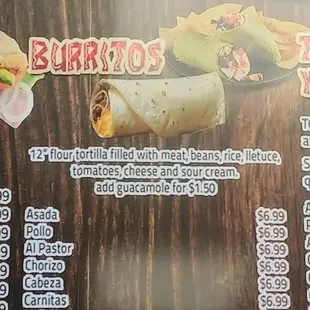 menu, burritos and wraps