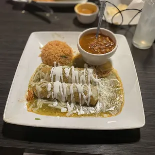 Enchiladas verde with charro beans