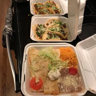 Not bad for $19.00, quesadilla platter, pollo, pastor, and asada tacos.