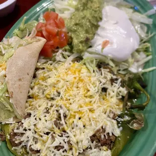 Pick 3: - chicken taco  - chile relleno w/ ground beef - chile relleno w/ mushroom