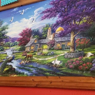 a painting of a country scene