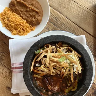 Molcajete, rice, and beans