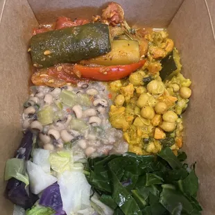 All veggies. Sautéed cabbage, collard greens, hoppin john beans, curry chickpeas and ratatouille