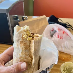 Breakfast burrito with beans and rice and hamon! Rico!