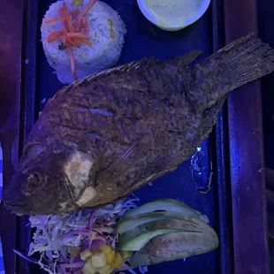 Mojarra seasoned with lemon pepper and garlic paste., con white rice n salad