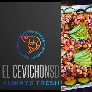 a plate of food with avocado and cucumbers