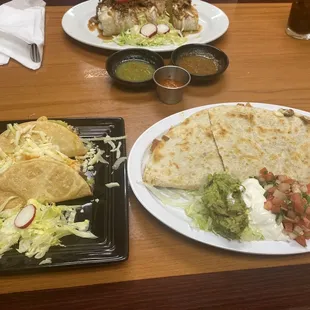 Asada crispy tacos, asada quesadilla, Ranchero Burrito