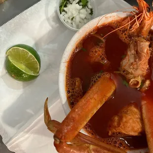 a bowl of seafood soup