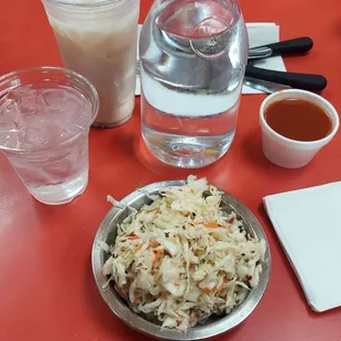 Curtis and salsa for pupusas. My water and son's horchata.