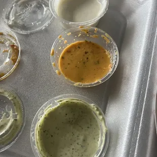 The sauces to ask for (white = garlic, orange = salsa, green = no idea but delish!)