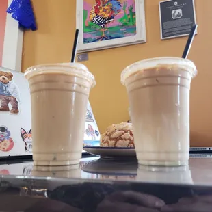 Tres leches and Mazapán iced coffees with a concha to help us study through the day.