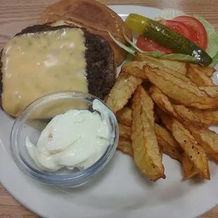 Burger with fries $4.95, plus 95 cents for cheese