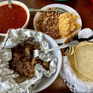 1/2 lb. barbacoa small consommé  rice and beans