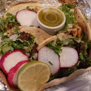 Two beef tacos, two chicken tacos.