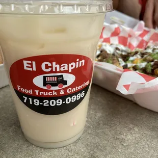 a drink and a plate of food