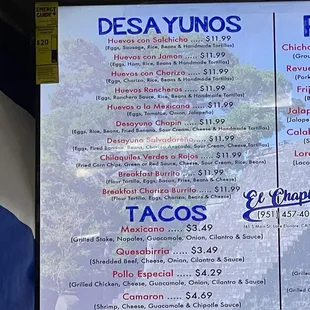 Desayuno/Breakfast items, Tacos, and their Aguas Frescas selection