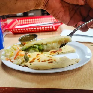 Pupusas de Loroco, Chicharron &amp; Revueltas! All hand made to order. So Delicious!