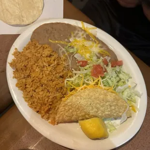 Beef tacos with rice and beans