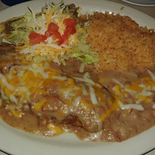 Chile rellenos with taco, rice and beans