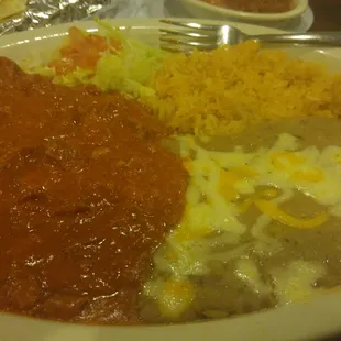 Red chili con carne with rice and beans