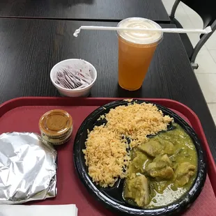 Pork ribs in green sauce with nopales and a fresh  watermelon juice