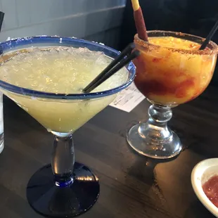 Cucumber jalapeño margarita and mango chamoy margarita