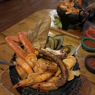 This  seafood dish was absolutely amazing. It is Molcajete Del Rey.