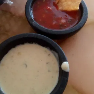 El Charro&apos;s chips (ok), red salsa was weak and flavorless, creamy cheese dip not much flavor. Nothing to be enthused about.