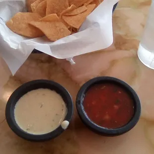 El Charro&apos;s chips. Red salsa watery and weak. Creamy cheese dip bland. Rate the salsas a &quot;B-.&quot; Far from the best!