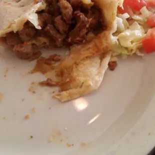 The filling of a burrito at El Charro. The meat was chopped a little small and just ok on flavor. Not much green chile in there.