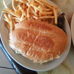 Al Pastor Torta and fries at El Charro. Torta roll was light and fresh. Meat was diced too small and not as flavorful as it could have been.