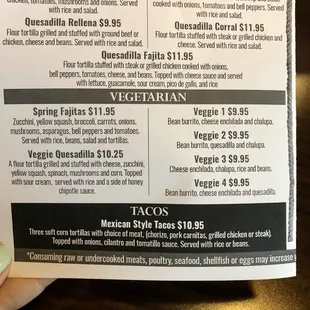 Vegetarian portion of the menu