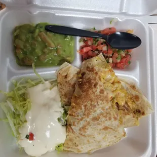 Yummy, flavorful chicken quesadilla. Cost $7.99 which is kinda pricey for to go but it was delicious and I didn't have to tip! LOL