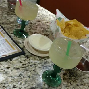 Margaritas chips and cheese dip and salsa. Yum!