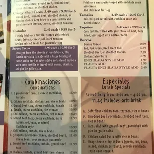 Menu price changes