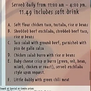 a menu for lunch specials