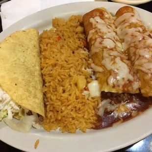 Combo plate #1, One taco, two enchiladas and your choice of rice or beans. It was delicious.