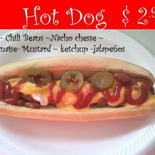 hot dog chili beans nacho cheese jalapenos