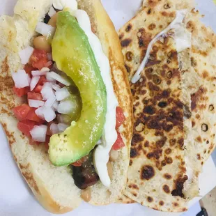 Quesadilla and Sonoran hot dog! Best combo