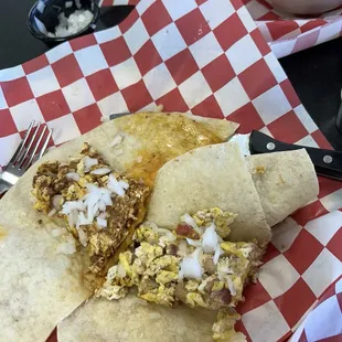 Chorizo and egg burrito and bacon and egg burrito. The chorizo reminds me of my childhood!