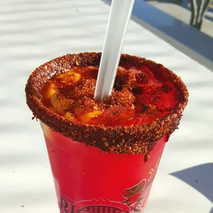 Watermelon juice with mango chunks