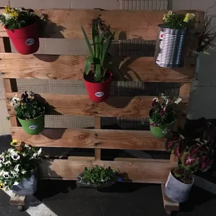 a wooden pallet with flower pots on it