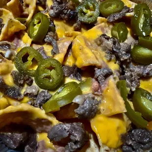 Carne Asada nachos with jalapeños