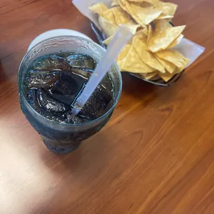 Chips, salsa and a Dr Pepper.