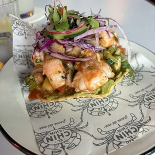 Shrimp ceviche on tostada.
