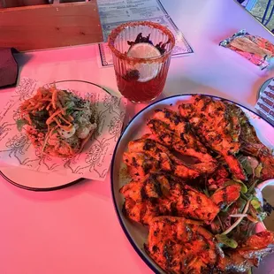 camarones zarandeados, tuna &amp; shrimp tostada, &amp; jamaica cocktail