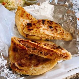 Pupusas: Chicharron (pork) + Revuelta (pork and cheese) / $3.85 each