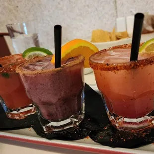 Margarita flight - pear guava, blackberry horchata, and jalepeño watermelon