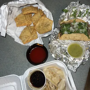 Spicy Crab Rangoons Azada Taco Steam Dumplings